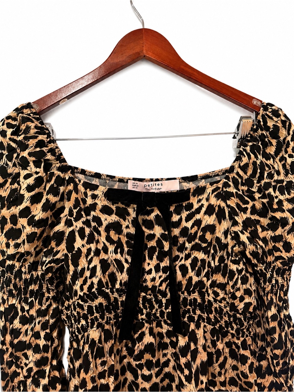 Miss Selfridge Leopard Print Smocked mini dress with Velvet Tie